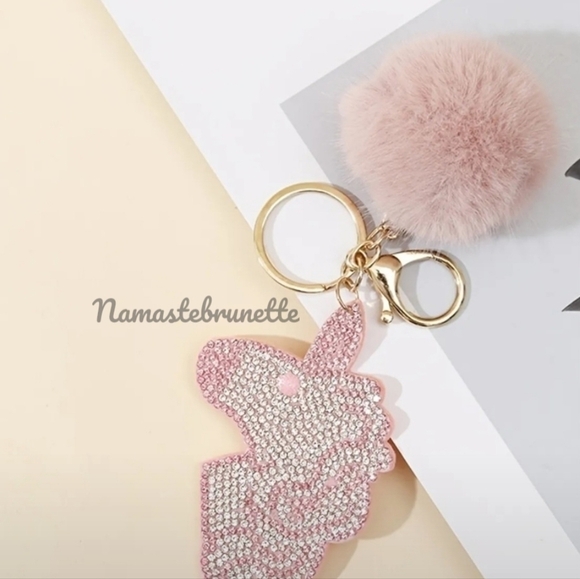 Rhinestone Unicorn Pom Pom Keychain Bag Charm - Picture 5 of 11